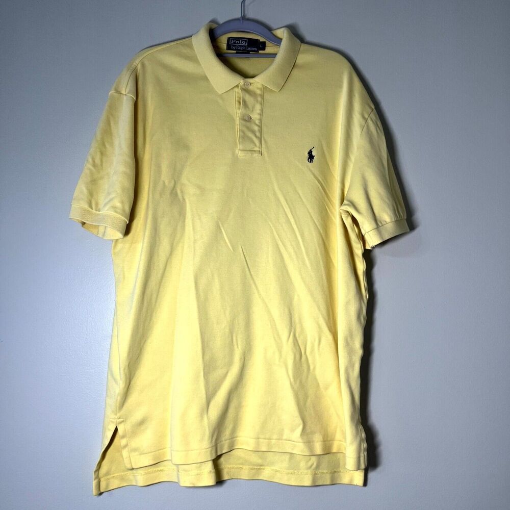 Ralph Lauren Polo Shirt Mens L Yellow Cotton Blue Label Short Sl Preppy Casual